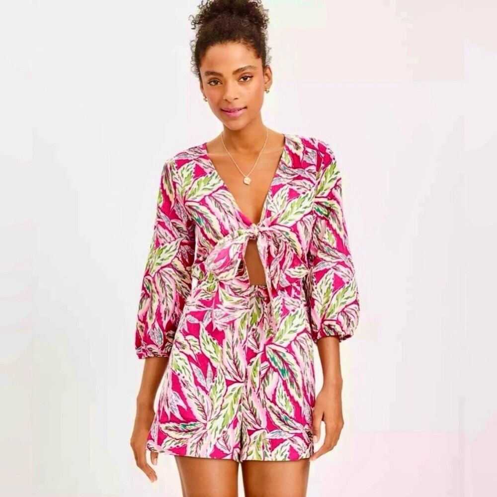 LOFT Beach Womens Linen Romper Swim Cover Up Size S Pink Tropical Leaf Tie Front